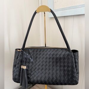 Black Woven Tote Bag with Tassel